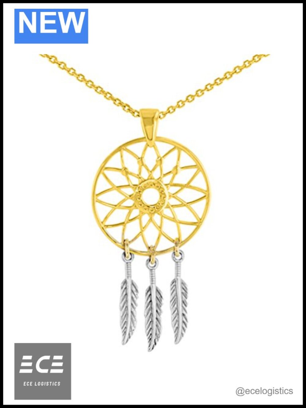 14K Two-Tone Gold Dreamcatcher Pendant Necklace 16" Rolo Chain USA Made